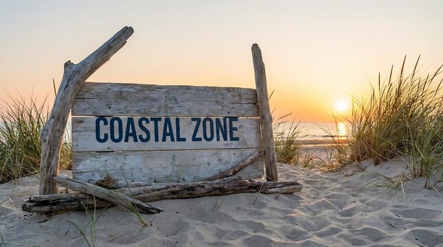 Weathered wooden sign with Coastal Zone text on a sandy beach during a beautiful sunset.