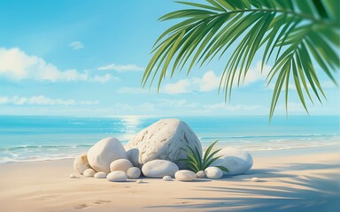 Obraz premium A serene beach scene with a large white rock and palm fronds on sandy shore by calm ocean waters under a bright blue sky