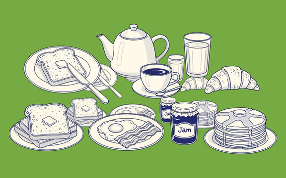 Breakfast Food Vector Set &ndash; Bread Eggs Croissant Tea Jam Minimalist Illustration