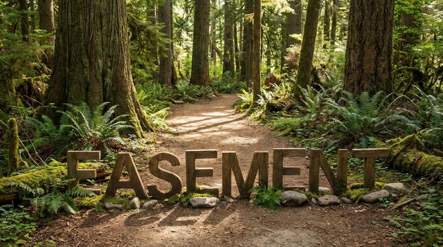 Wooden letters spelling the word Easement on a dirt trail through a sunlit woodland forest.