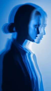 Double Exposure Portrait of Woman in Blue Tones Identity and Emotion Vertical Video Concept
