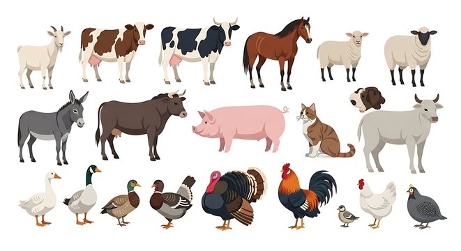 Vector Illustration of Various Farm and Domestic Animals on White Background