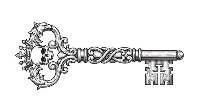 An ornate metal key with a decorative skull on a white background
