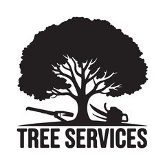 Fototapeta premium Tree Services Logo with Chainsaw and Tree Silhouette – Arborist and Landscaping Vector Design
