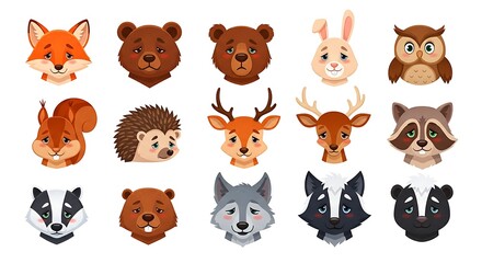 Fototapeta premium A Collection of Various Sad Woodland Cartoon Animal Faces on a White Background