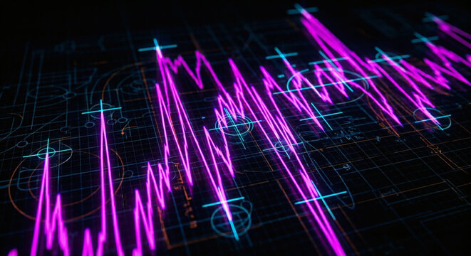 Abstract macro of a glowing magenta waveform spike on a dark blueprint grid