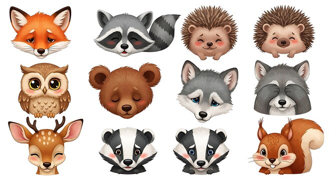An Adorable Collection of Various Cartoon Forest Animal Faces and Heads