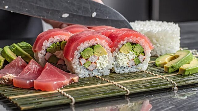 Chef cutting fresh sushi rolls with tuna, avocado, and crab meat, beautifully presented on bamboo