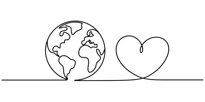 A single continuous line drawing of the planet earth globe connected to a heart symbol shape