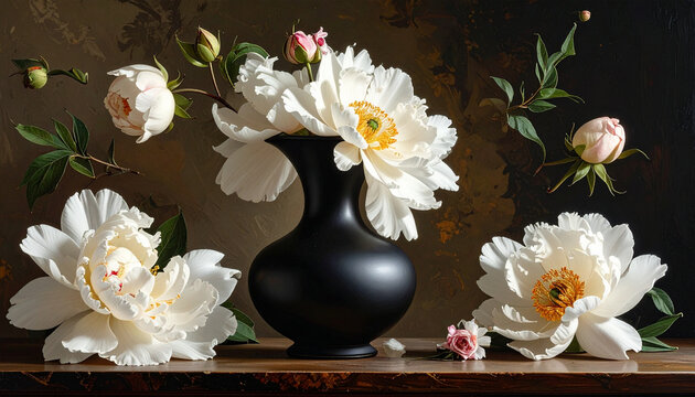 White peony flowers in a black vase against an artistic backdrop