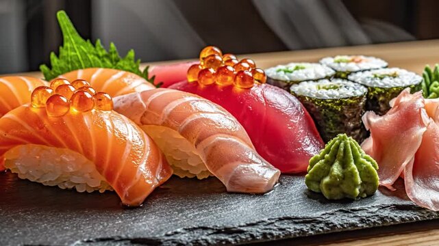 Delicious Sushi Platter with Salmon, Tuna, Shrimp, and Roe Garnishes on a Black Slate Plate for a Gourmet Experience
