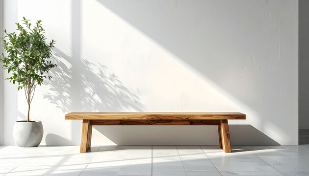Wooden bench near indoor plant casting shadows against white wall