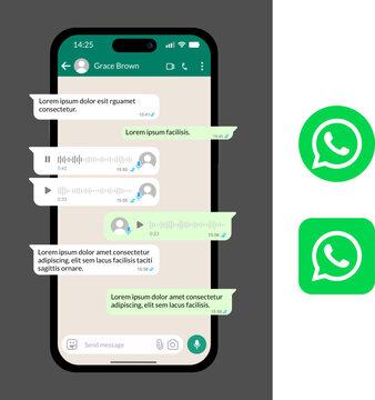 WhatsApp messaging interface on a high-end smartphone screen, chat bubbles with text and voice notes, professional mobile communication application