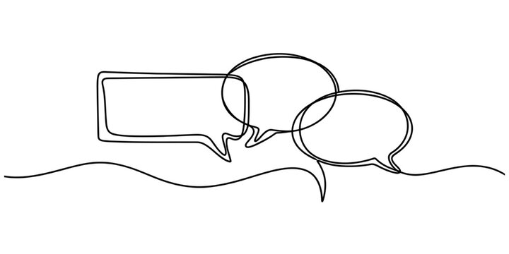 Minimalist continuous line drawing of three interconnected speech bubbles on a plain background.