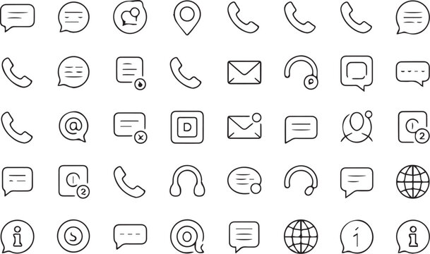 set of vector icons. Contact Us web icons in line style. Web and mobile icon. Chat, point, chat, support, message, phone, globe, call, info collection. Editable stroke. Vector illustration. 