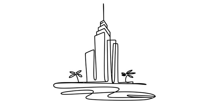 Minimalist continuous line drawing of a tall city skyscraper surrounded by small palm trees.