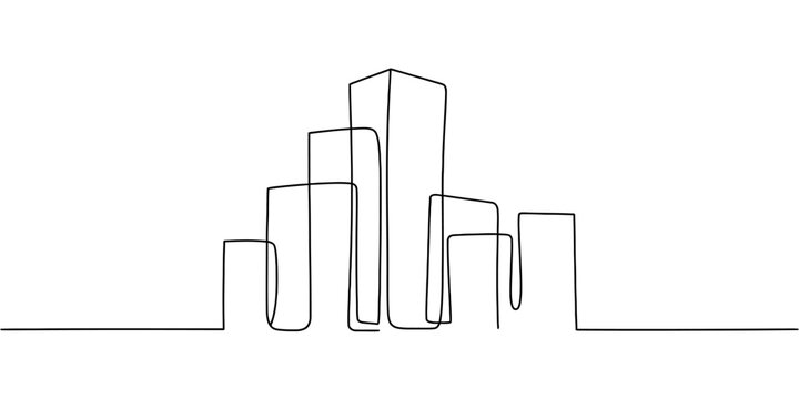 A minimalist single line drawing of an urban city skyline featuring various skyscraper shapes