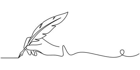 Minimalist continuous line drawing of a hand holding a classic feather quill pen for writing © Nikhil Ray