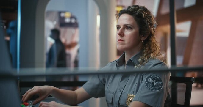 Airport Officer Supervises Luggage Flow on Conveyor Belt in International Terminal. Maintaining Order and Security, Woman Oversees Passenger Transit and Baggage Control. Aviation Safety Standards.