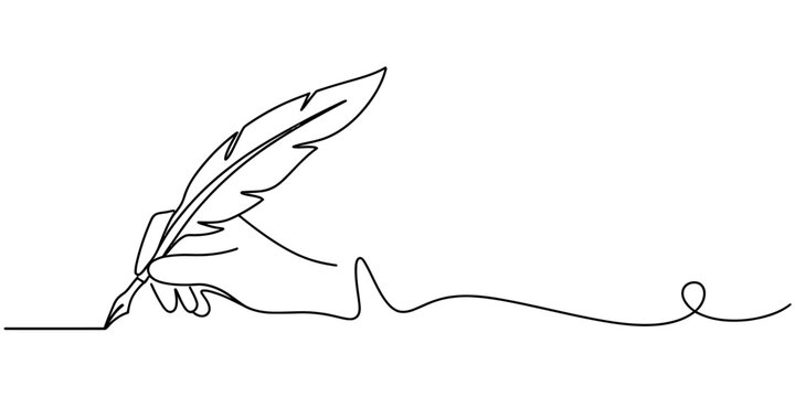 Minimalist continuous line drawing of a hand holding a classic feather quill pen for writing