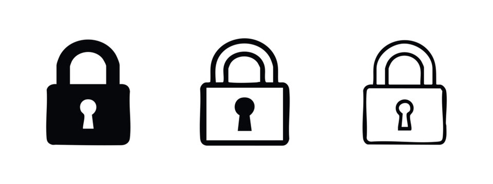 Padlock icon set with keyhole, in solid, outlined, and hand-drawn styles, symbolizing security, privacy, and protection.
