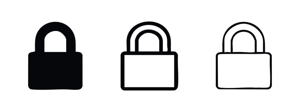 Simple padlock icon set without keyhole, in solid, outlined, and hand-drawn styles, symbolizing security and locked status.
