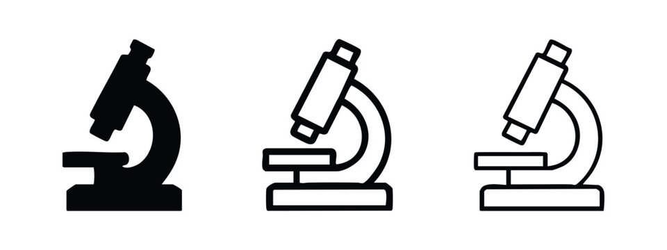 Simple microscope icon set. Scientific research and laboratory equipment symbol in various styles.