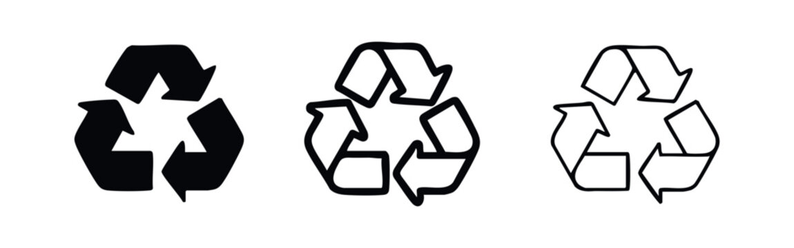 Recycling symbol icon set in solid, bold, and thin outline styles, representing environmental sustainability.