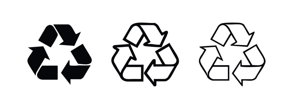 Recycling symbol icon set in solid, bold, and thin outline styles, representing environmental sustainability.