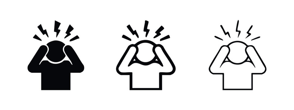 Headache, stress, and migraine icon set. Person experiencing pain or problem symbol in various styles.