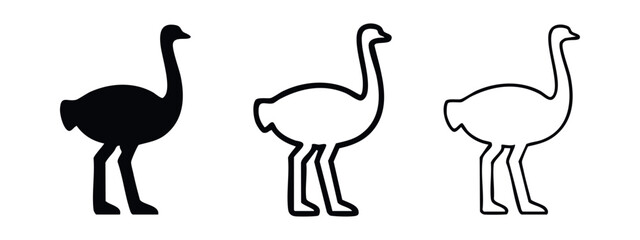 Fototapeta premium Ostrich icons set. Modern ostrich silhouette and outline symbols. Wild animal graphic elements collection.