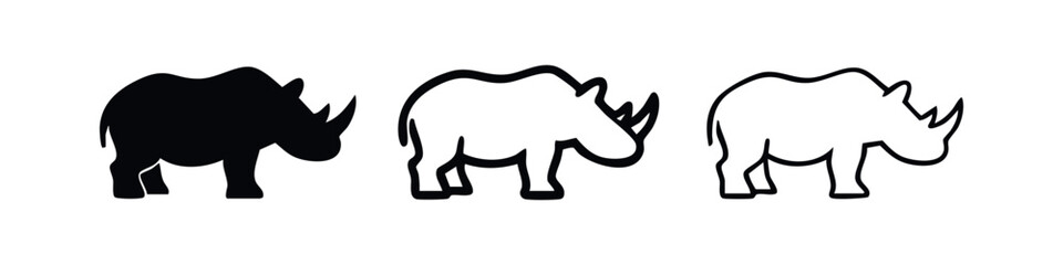 Fototapeta premium Rhinoceros icons set. Modern rhino silhouette and outline symbols. Wild animal graphic elements collection.