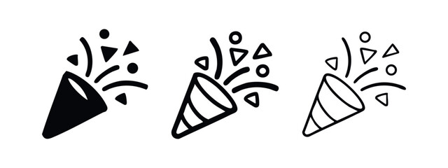 Confetti popper icon set. Party cracker symbol in glyph, stroke, and line style. Exploding popper with streamers. © liubomir118809