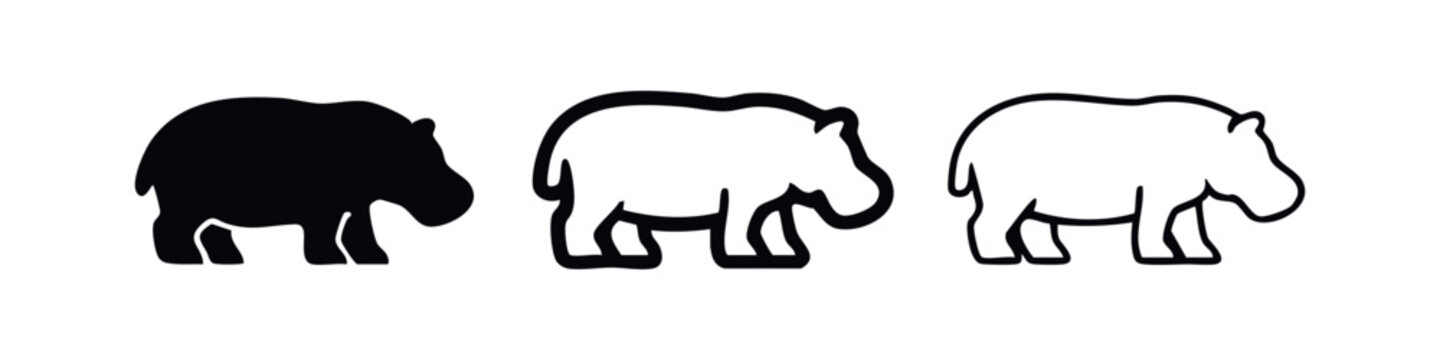 Hippopotamus icons set. Modern hippo silhouette and outline symbols. Wild animal graphic elements collection.