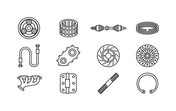 Collection of automotive and mechanical component line art icons