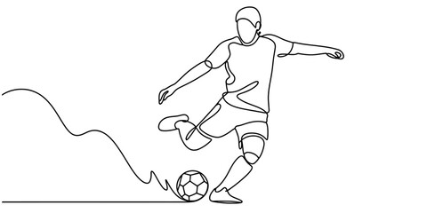 Minimalist continuous line drawing of a soccer player kicking a ball across a white background © Nikhil Ray