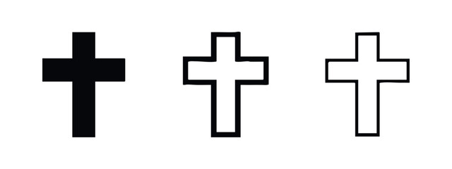 Fototapeta premium Christian cross icon set in solid, bold outline, and thin outline styles on a white background