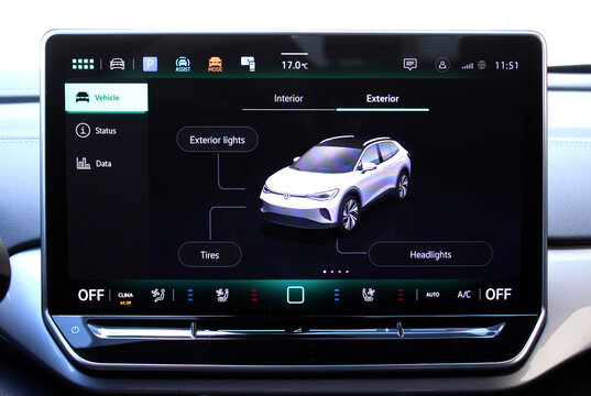 Vinnytsia, Ukraine; March 28, 2026. Close-up Volkswagen ID.4 infotainment screen in exterior lights menu. Black glossy display shows 3D white ID.4 model graphic, selectable options for headlights and 