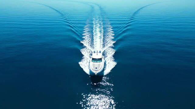 Aerial view of a white motorboat moving swiftly across the surface of the blue ocean creating a wake