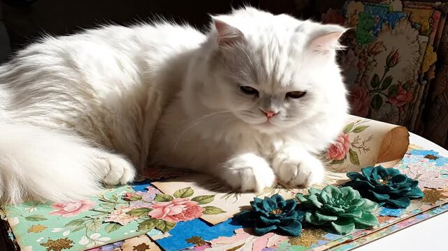 Luxurious white persian cat basking in sunlight on a floral-decorated surface with decorative flowers
