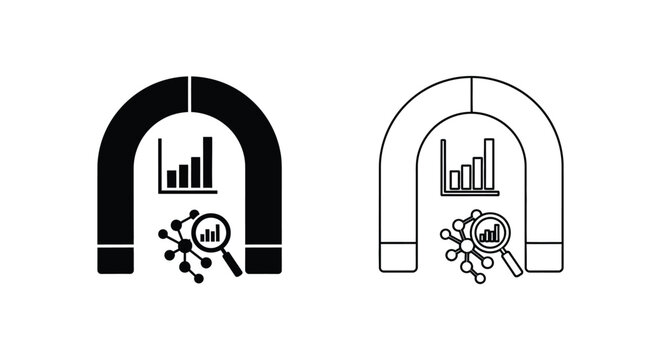 magnifying glass over bar chart inside a horseshoe magnet Vector