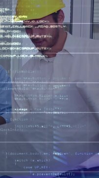 Vertical video: Engineer studying plan, hearing cue, HUD overlay showing site specs, reviewing