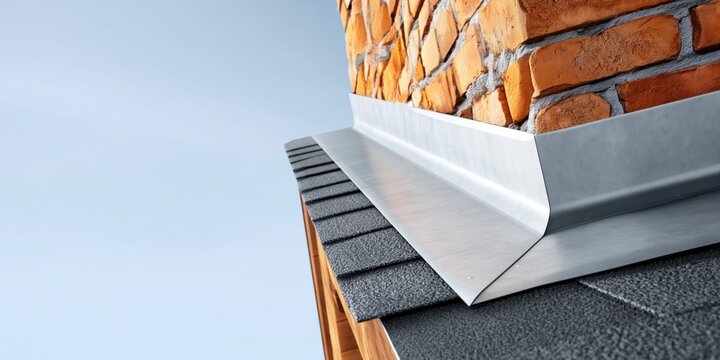 Close-up view of a newly installed metal roof flashing against a brick chimney