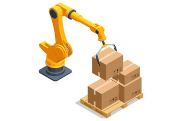 Isometric robotic arm lifts cardboard box onto a pallet in an automated warehouse. Industrial logistics concept shows package handling, smart storage, factory workflow and robotic distribution process