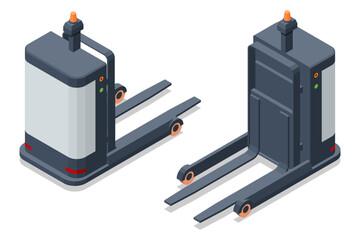 Isometric autonomous pallet stacker shown from two angles in a warehouse equipment concept. Modern intralogistics scene highlights robotic transport, material movement, storage support and smart