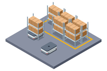 Isometric automated warehouse with mobile robots, shelves and cardboard box storage. Smart logistics concept shows autonomous transport, inventory flow, order fulfillment and modern distribution