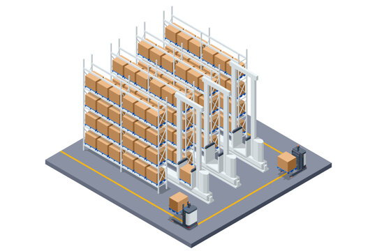 Isometric high bay warehouse with automated stacker crane and tall shelving full of boxes. Smart storage concept shows robotic retrieval, inventory control, industrial logistics and modern fulfillment