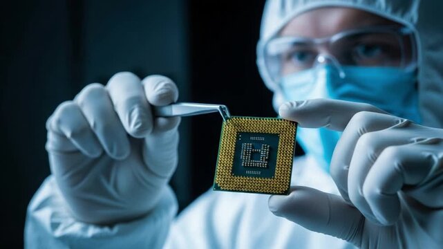 A gloved person in a lab setting holding a small computer chip with a gold surface and black square in the center