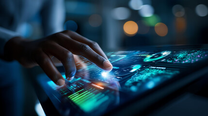 Fototapeta premium Close up of a hand manipulating holographic data screens floating in a high tech environment the screens showing real time analytics dashboards predictive model outputs and