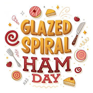 Glazed spiral ham day lettering, holiday food celebration.